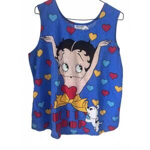 Vintage Betty Boop Tank Top NWT Blue Heart & Dog Graphic 50% Cotton, Size Large
